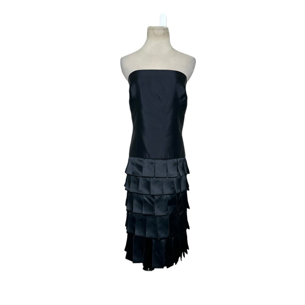 Gabalis black strapless satin fringe layered knee length cocktail dress size 12